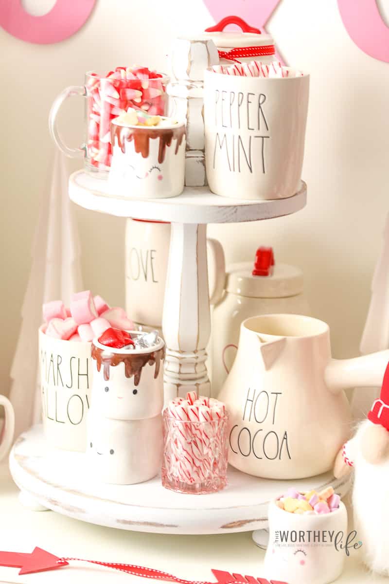 Rae Dunn Hot Cocoa Bar Idea with Valentine's Day theme