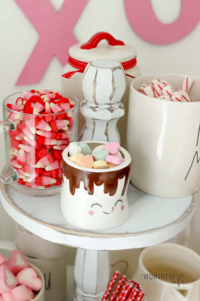 Get inspired with our Rae Dunn Hot Cocoa Bar Idea to create your own using our ideas listed above. With a Valentine's Day theme, this hot cocoa bar is perfect for those cold winter nights.