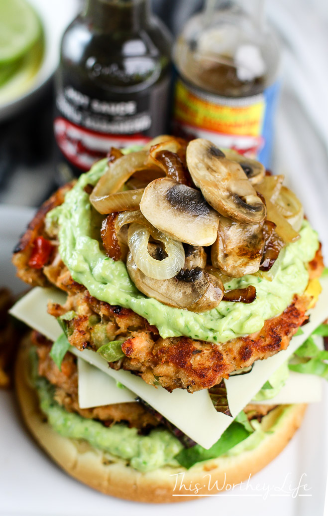 Spicy Double Salmon Burger + Avocado Mayo + Caramelized Onions & Mushrooms