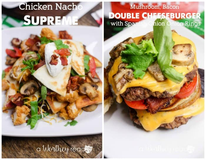 Mushroom, Bacon Double Cheeseburger with Spanish Onion Onion Rings