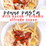 Get dinner on the table within 30 minutes with this easy penne pasta recipe which includes bacon and a creamy Alfredo sauce. Plus, I'm sharing how to make creamy Alfredo sauce to go along with this easy pasta recipe.
