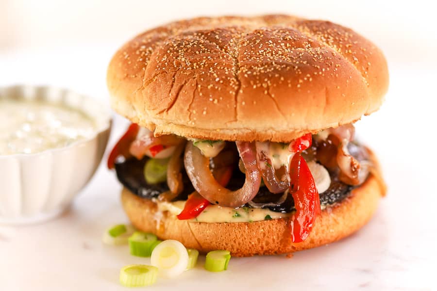Grilled Onion & Red Pepper Portobello Mushroom Sandwich