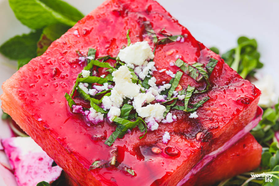 watermelon feta salad with feta cheese on top 