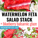 Are you looking for a super fresh summer salad that will impress your guests? Look no further than our incredibly refreshing and beautifully created Watermelon Feta Salad Stack + Blueberry Balsamic Glaze. After one taste it may be the only salad you will crave this summer. It's one for the books. And feel free to add a layer of cantaloupe of honeydew to switch things up. Enjoy!