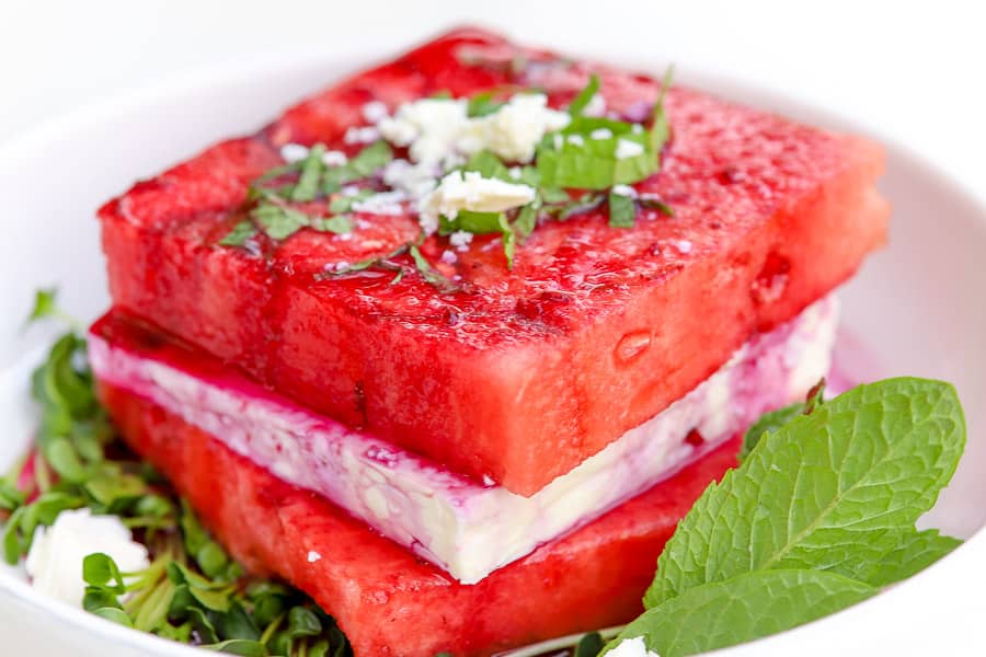 Watermelon Feta Salad Stack with Blueberry Drizzle