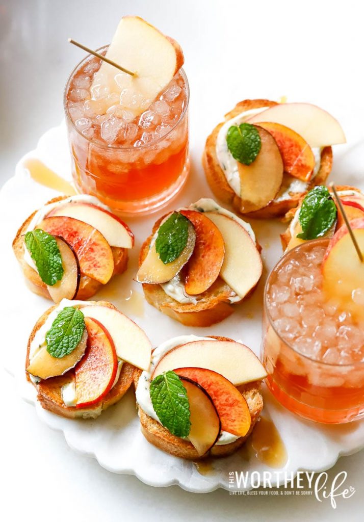 fall appetizer with apples and apple cider drink