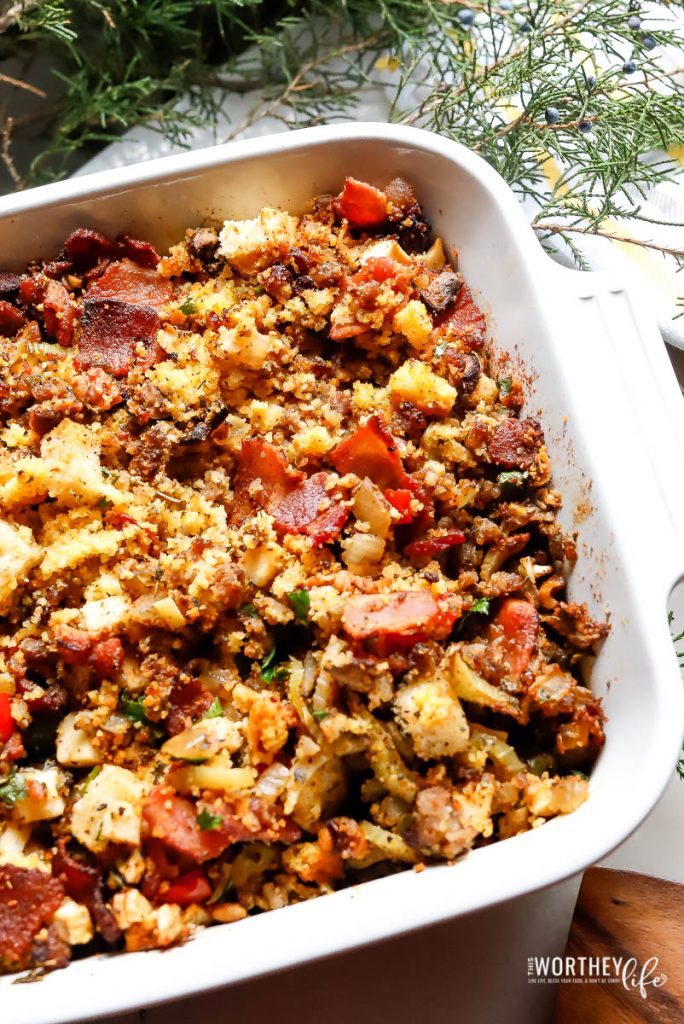 Win the Thanksgiving MVP award with our Sourdough Cornbread Stuffing recipe. Regardless of if you call this recipe cornbread stuffing or cornbread dressing, the addition of the loaded sourdough makes it savory and delicious.