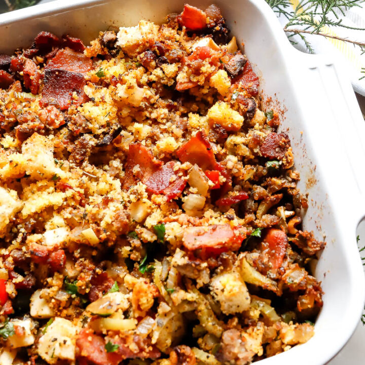 Win the Thanksgiving MVP award with our Sourdough Cornbread Stuffing recipe. Regardless of if you call this recipe cornbread stuffing or cornbread dressing, the addition of the loaded sourdough makes it savory and delicious. 