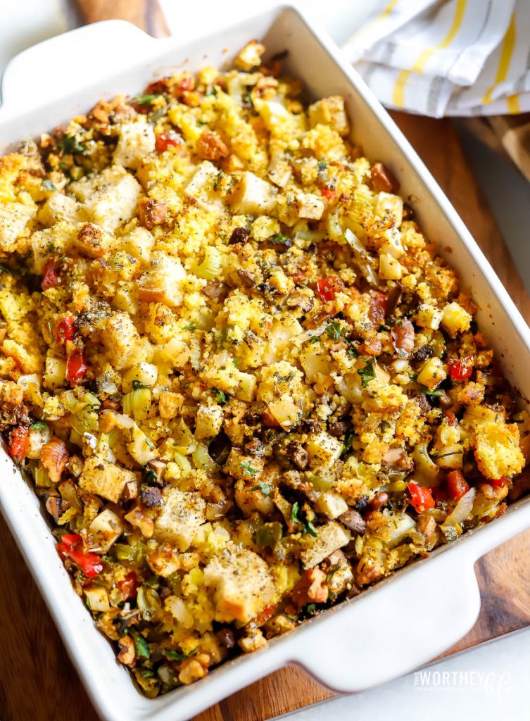 A pan of Sourdough Vegan Cornbread Dressing- great for the Holidays! 