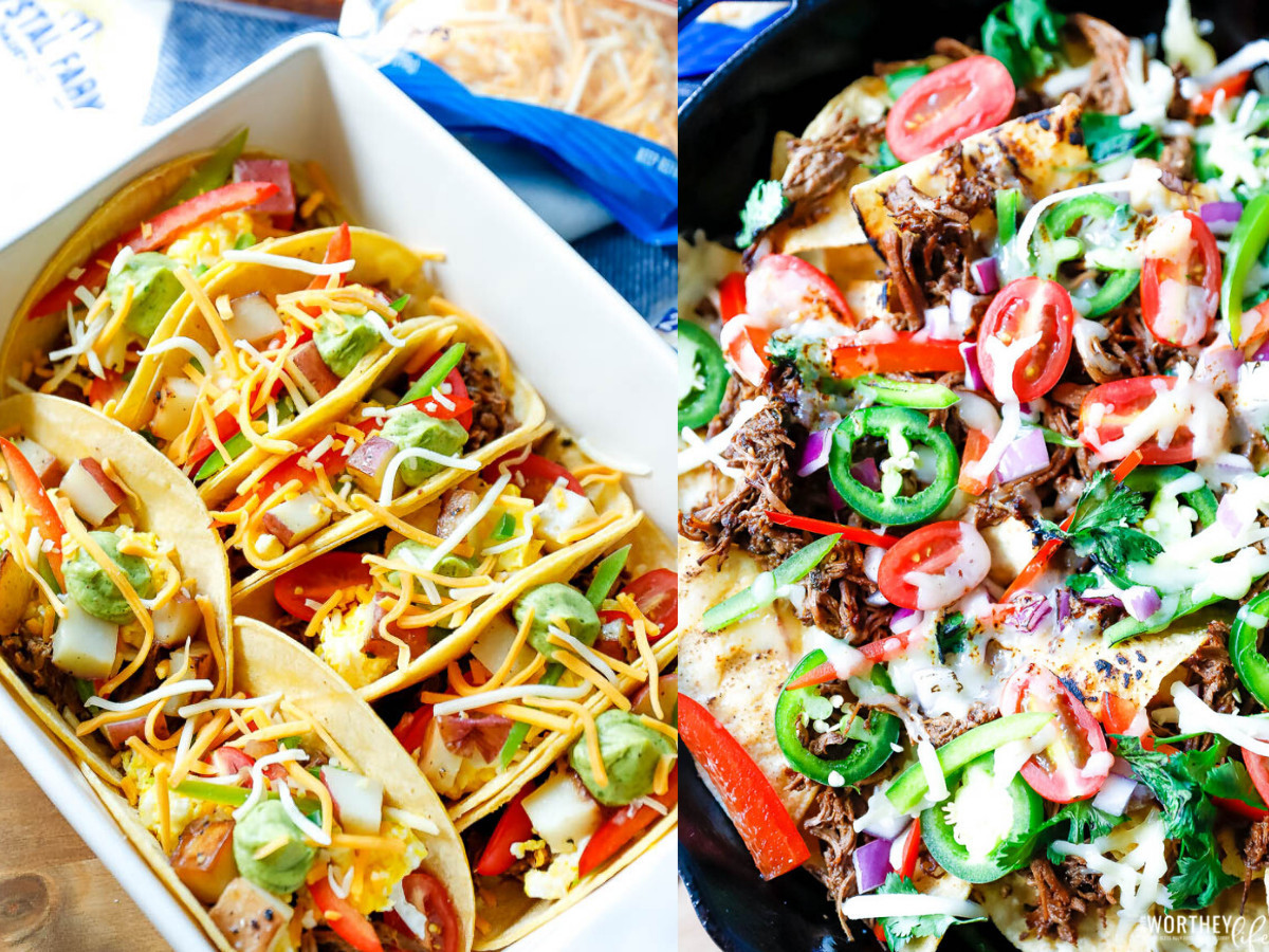 Breakfast Nachos + Breakfast Tacos using Beef Barbacoa