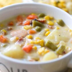 Instant Pot Vegetable Soup in a Rae Dunn bowl