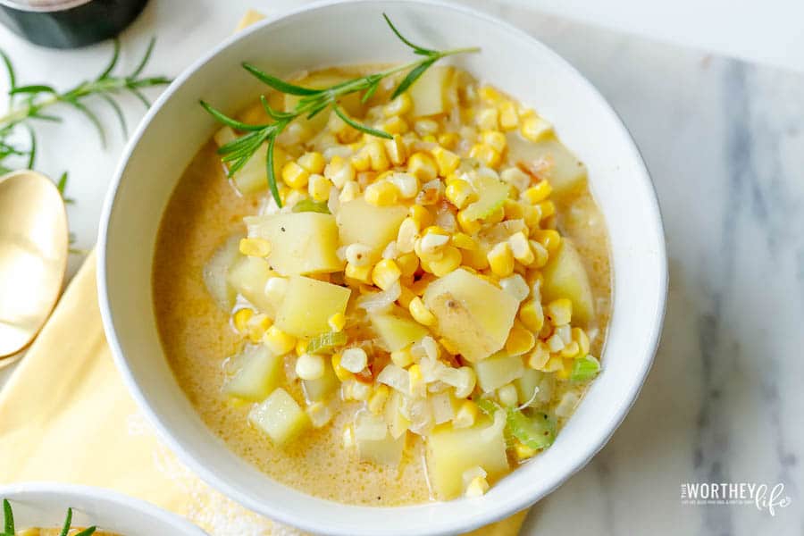 vegan chowder recipe in a white bowl