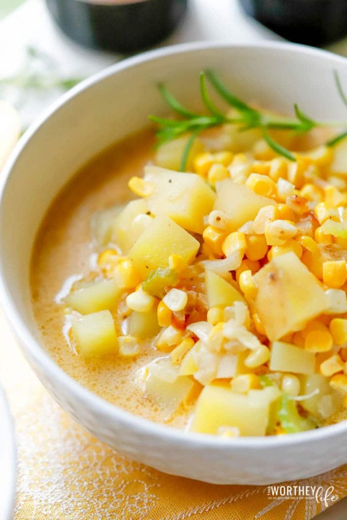 Vegan Corn Potato Chowder in a large white bowl