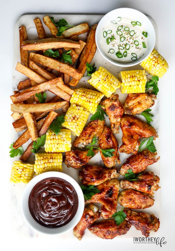 Instant Pot Chicken Wings Recipe - Grazing Board with wings, corn on the cob and homemade fries