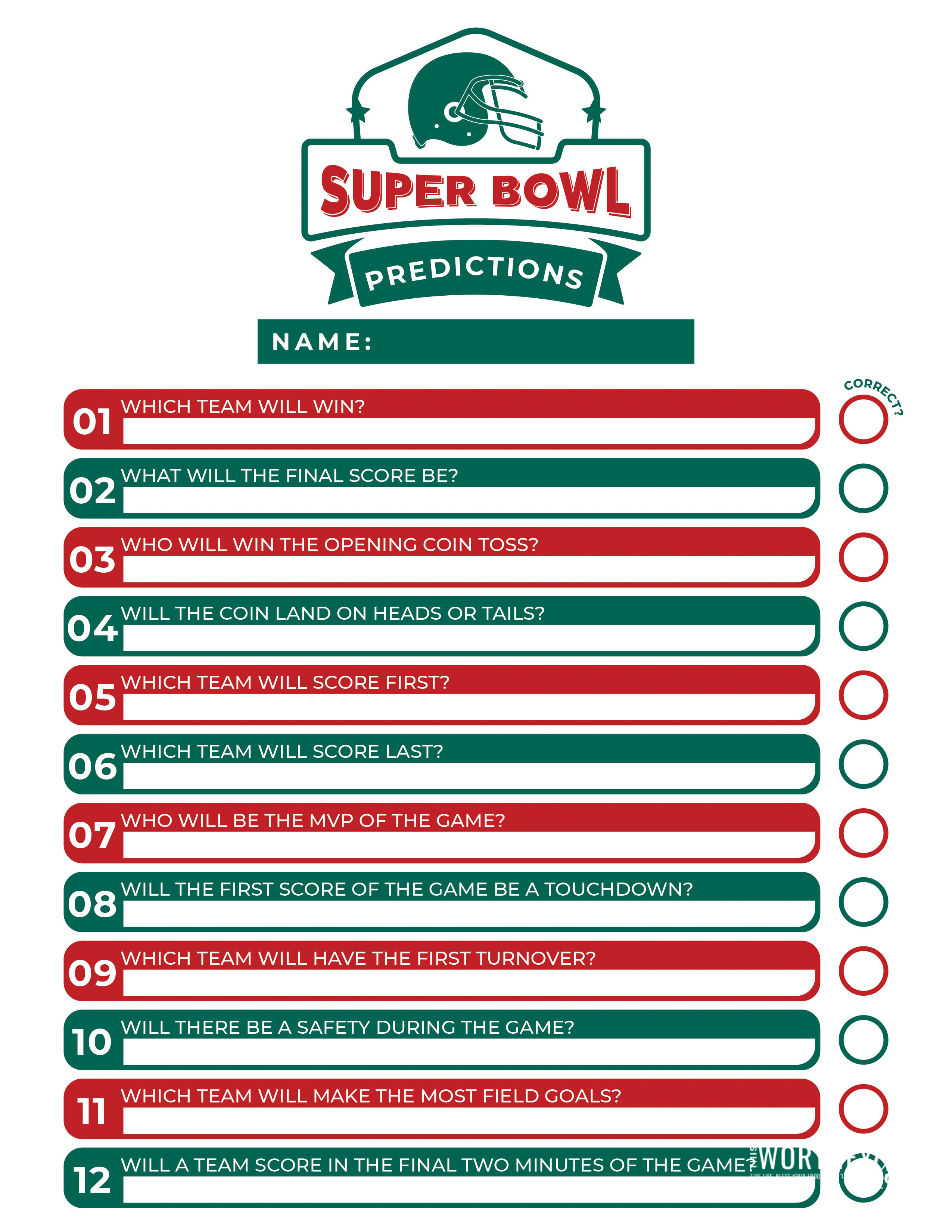 Super Bowl Predictions Free Printable To Use On Sunday