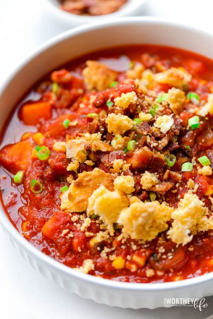 ground beef, tomatoes, green onions, chili powder, stewed sweet potatoes 