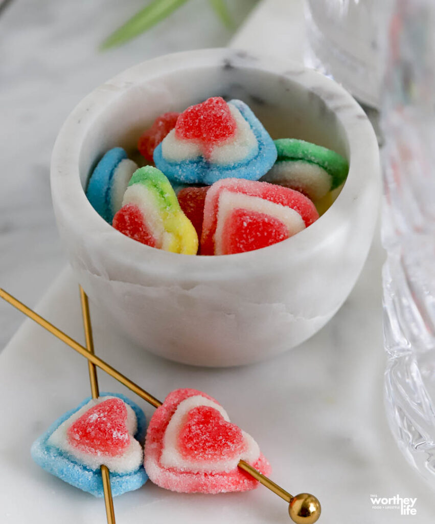 Valentine's Heart Shaped Candy in white bowl