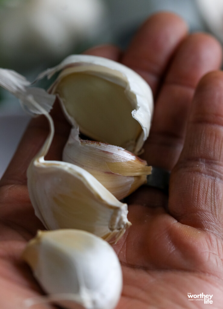 fresh garlic cloves in a man's hand