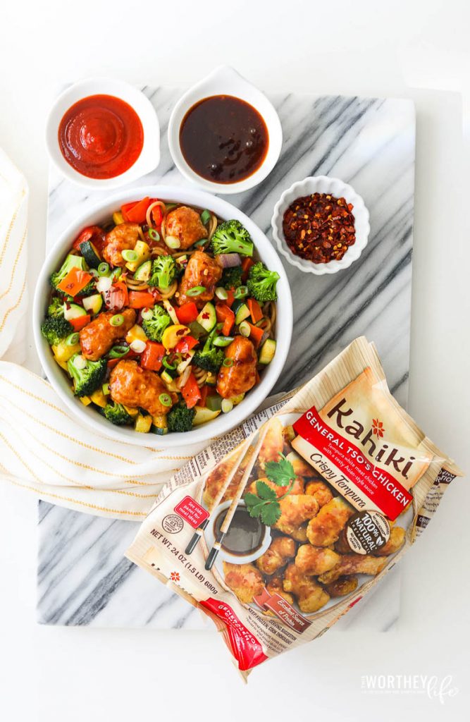 General Tso's Chicken with ingredients on cutting board