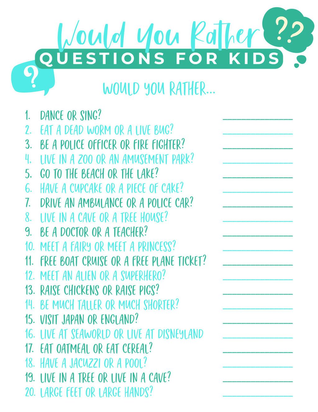 Would You Rather Printable for kids