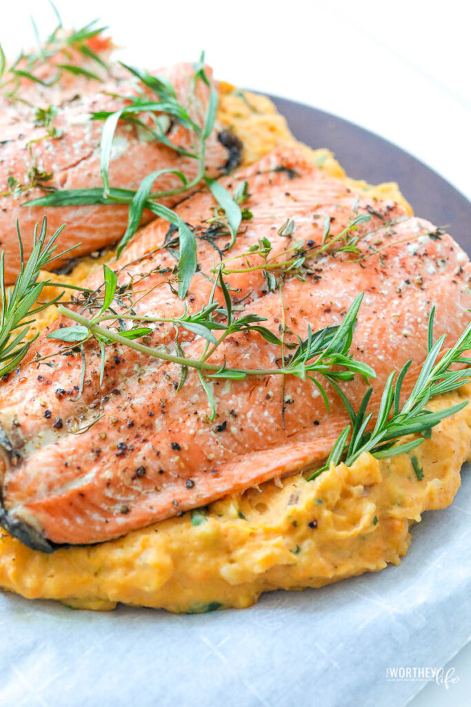 Hearty potatos paired with savory herb salmon is an easy dinner idea. Try our Salmon Potato Bake Dinner idea made with Savory Yukon Gold & Sweet Potatoes and served with Herb Butter Salmon.