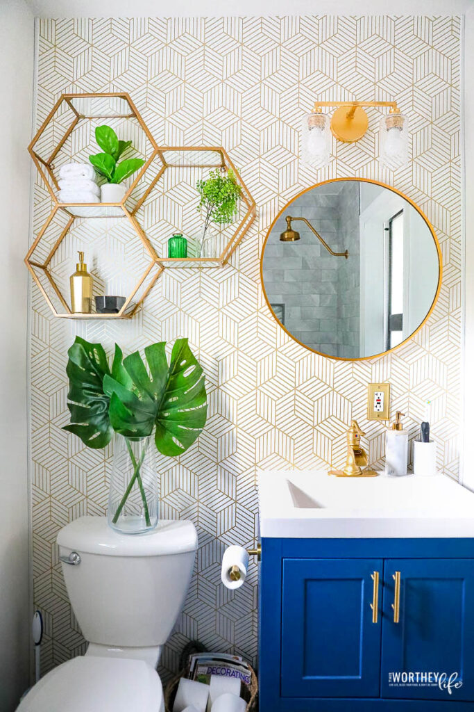 Small Bathroom Remodel | Grey + Blue with Brushed Gold Accents