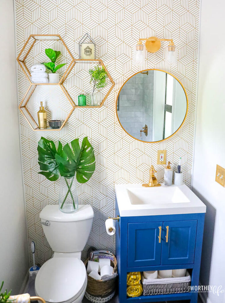 blue and gold bathroom