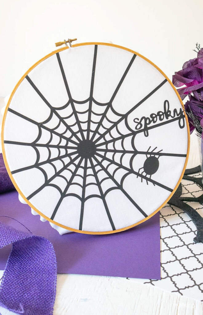 How to display this Iron-On Spider Web Hoop Art with Cricut With FREE SVG