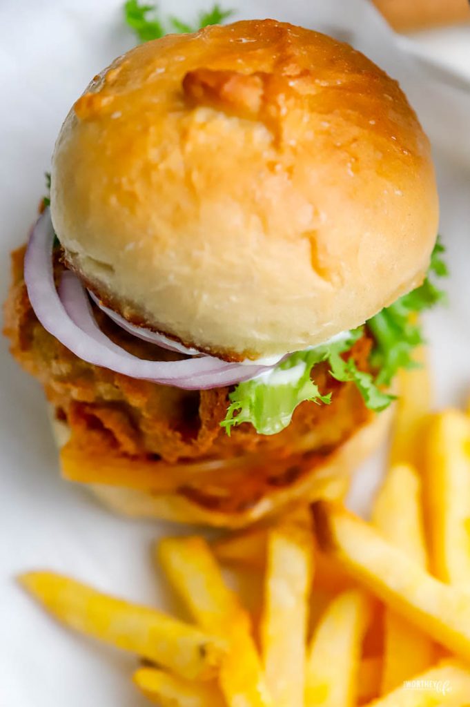 top down photo of a turkey burger with fries