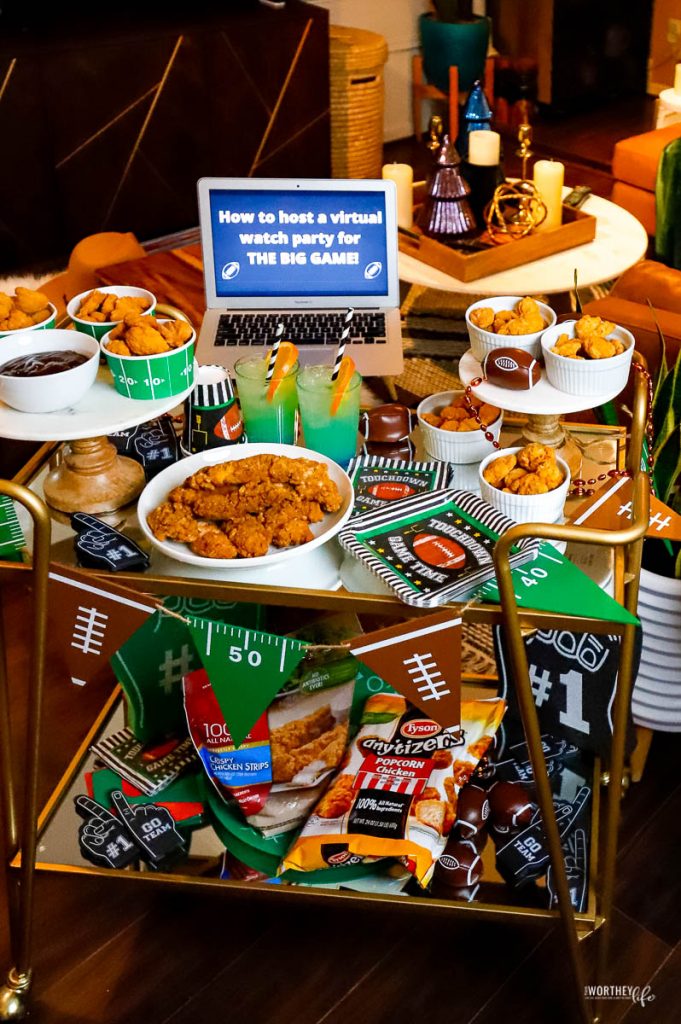 hosting a virtual game day with bar cart loaded with food