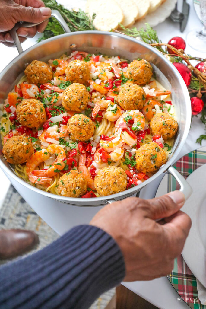 Holiday Seafood Spaghetti + Salmon Meatballs