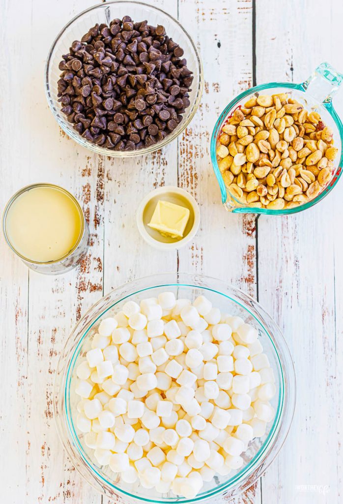 ingredients for rocky road dessert on white shabby chic background