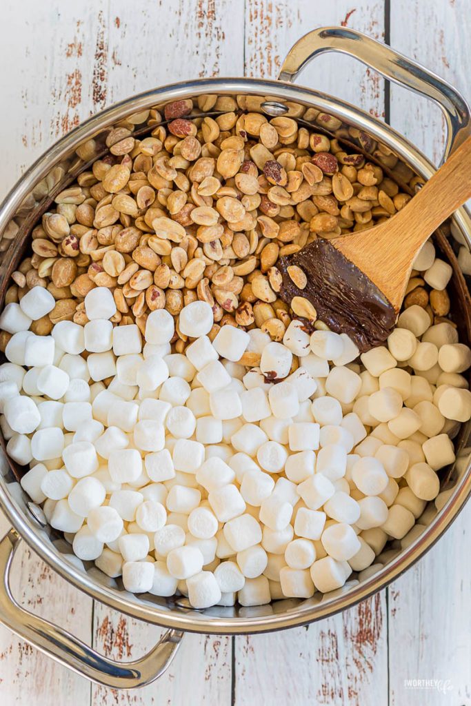 mixing ingredients in a big pot for rocky road treats