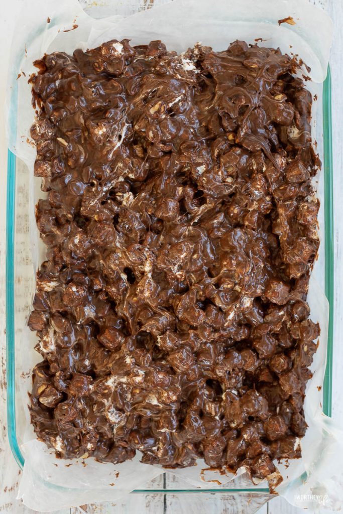 making rocky road treats in a glass casserole dish