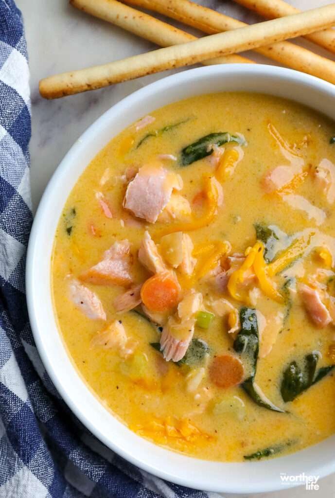 up close photo of salmon in a bowl of soup