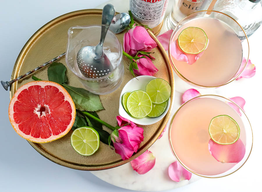 a display of ingredients for making a pink gin cocktail 