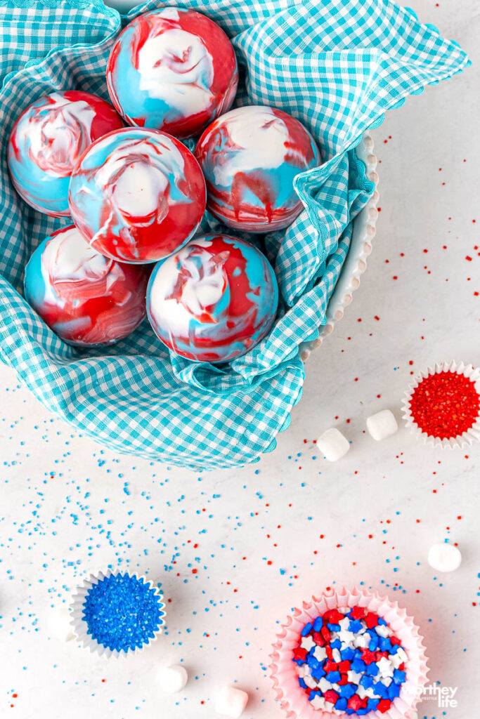 4th of july hot cocoa bombs on white background