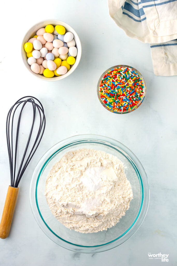 ingredients in bowls for easter egg cookies