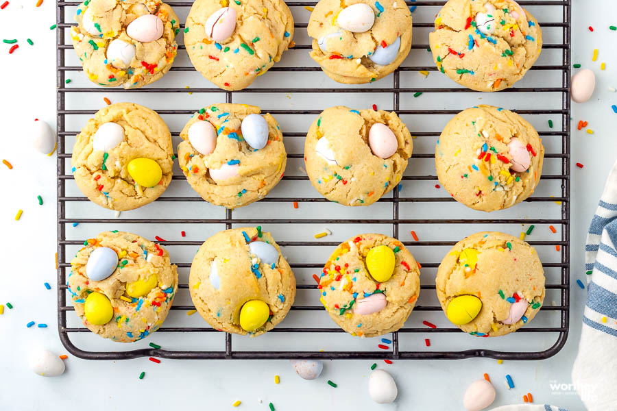 mini egg cookies on cooling rack