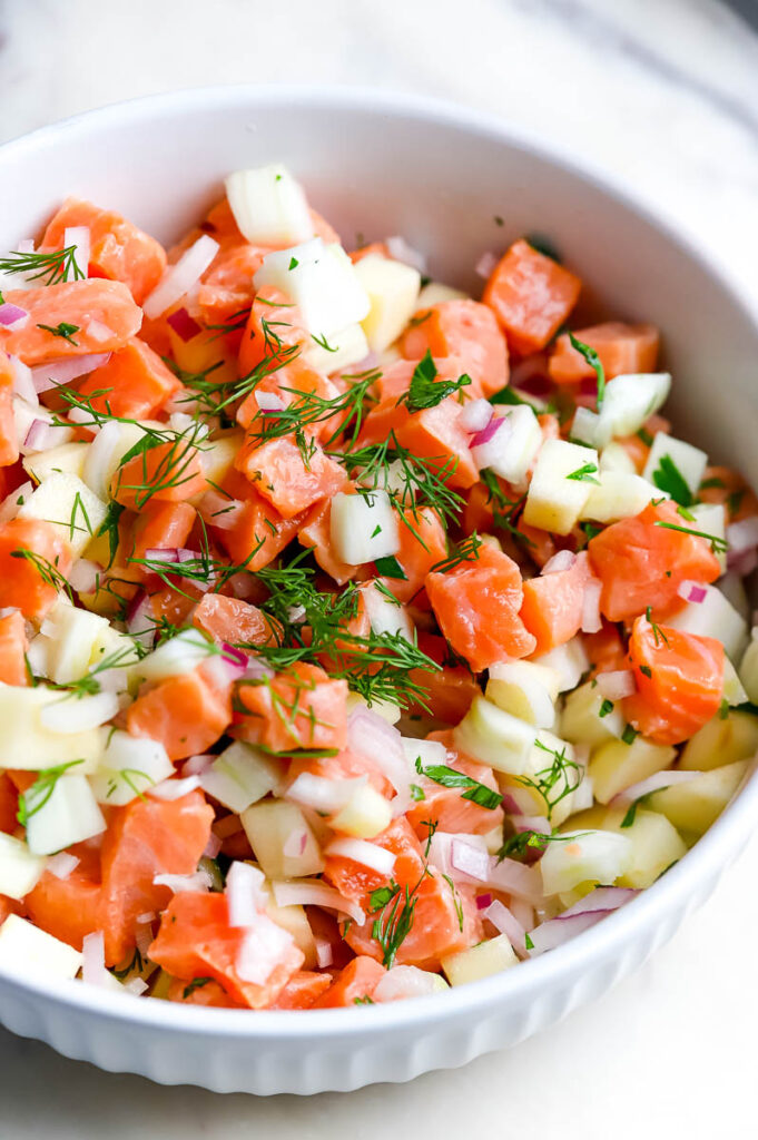 diced up fresh veggies in white bowl