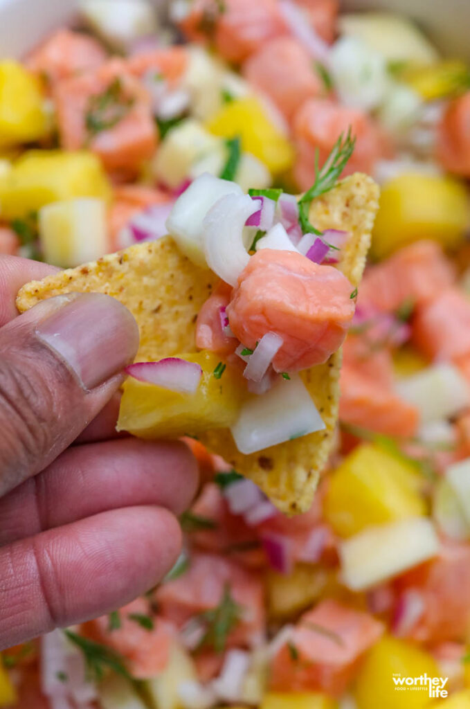 Corn tortilla chip loaded with a scoop of ceviche with salmon