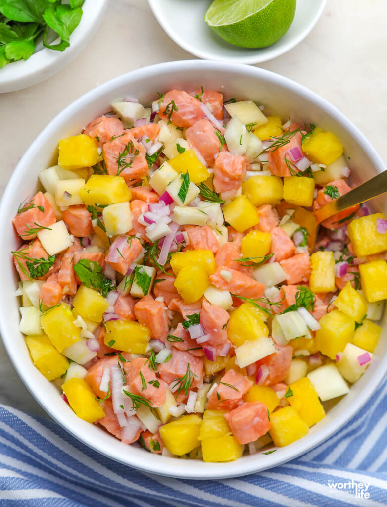 ceviche in a large white serving bowl 