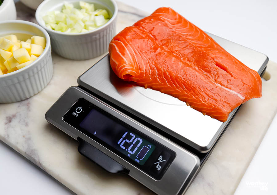 fresh salmon on food scale