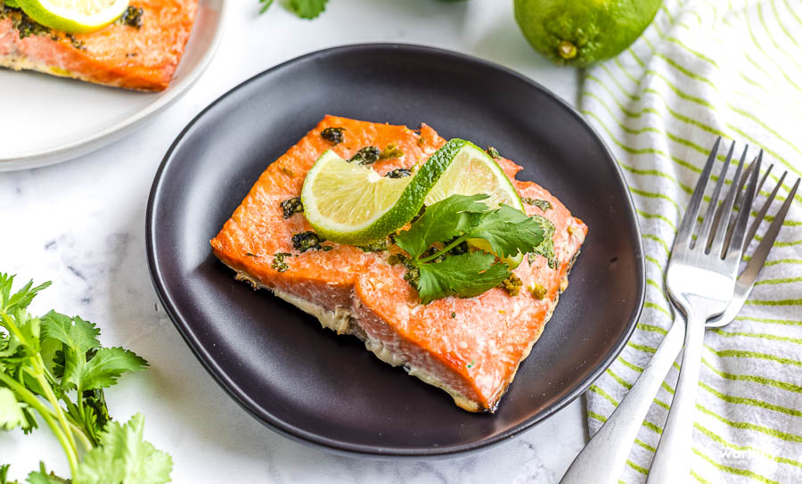 air fryer salmon on a black plate