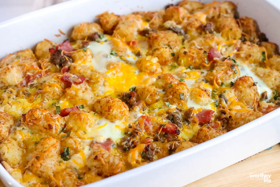 Tater Tot Breakfast Casserole With Sausage in a casserole dish