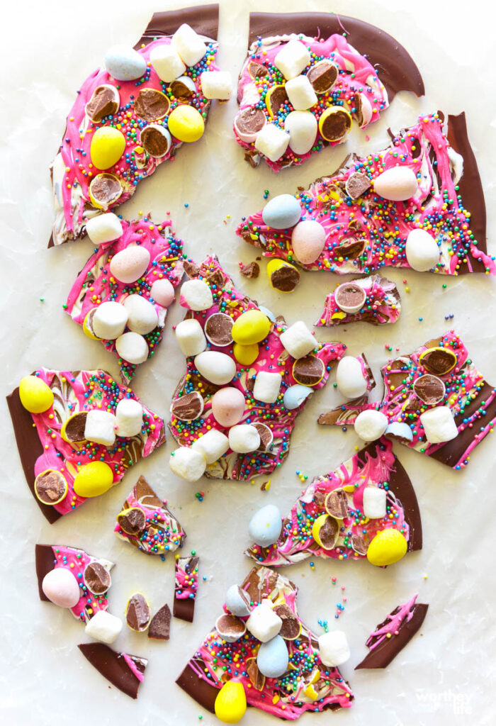 pieces of easter bark chocolate on a white background