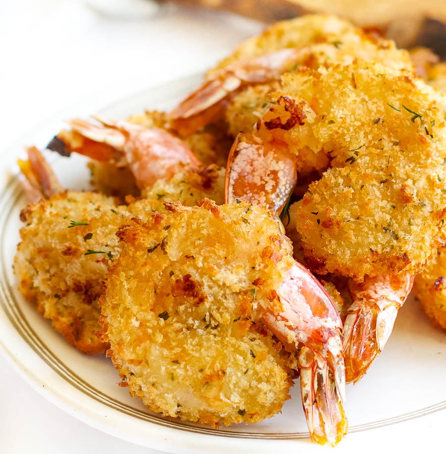 Air Fryer Fried Shrimp on white plate