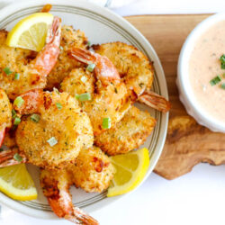 Air Fryer Fried Shrimp on white plate