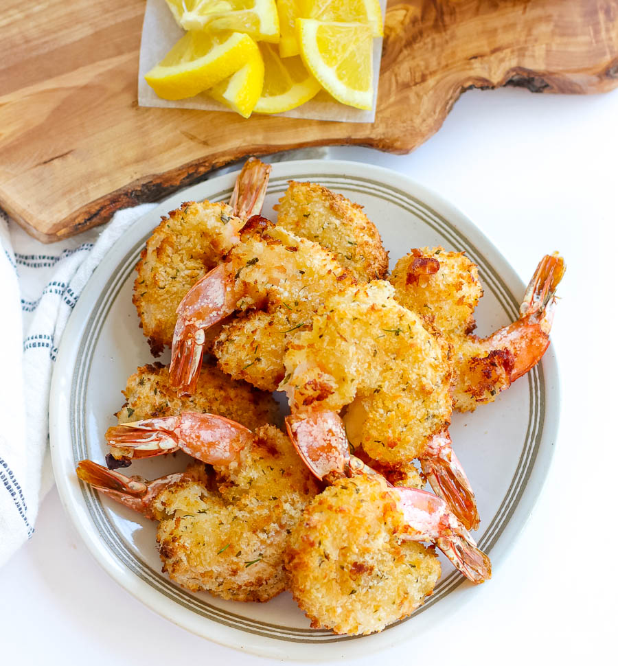 air fryer fried shrimp on a white platter