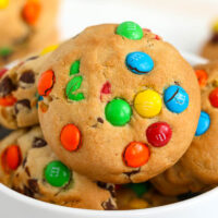 monster cookies in a white bowl